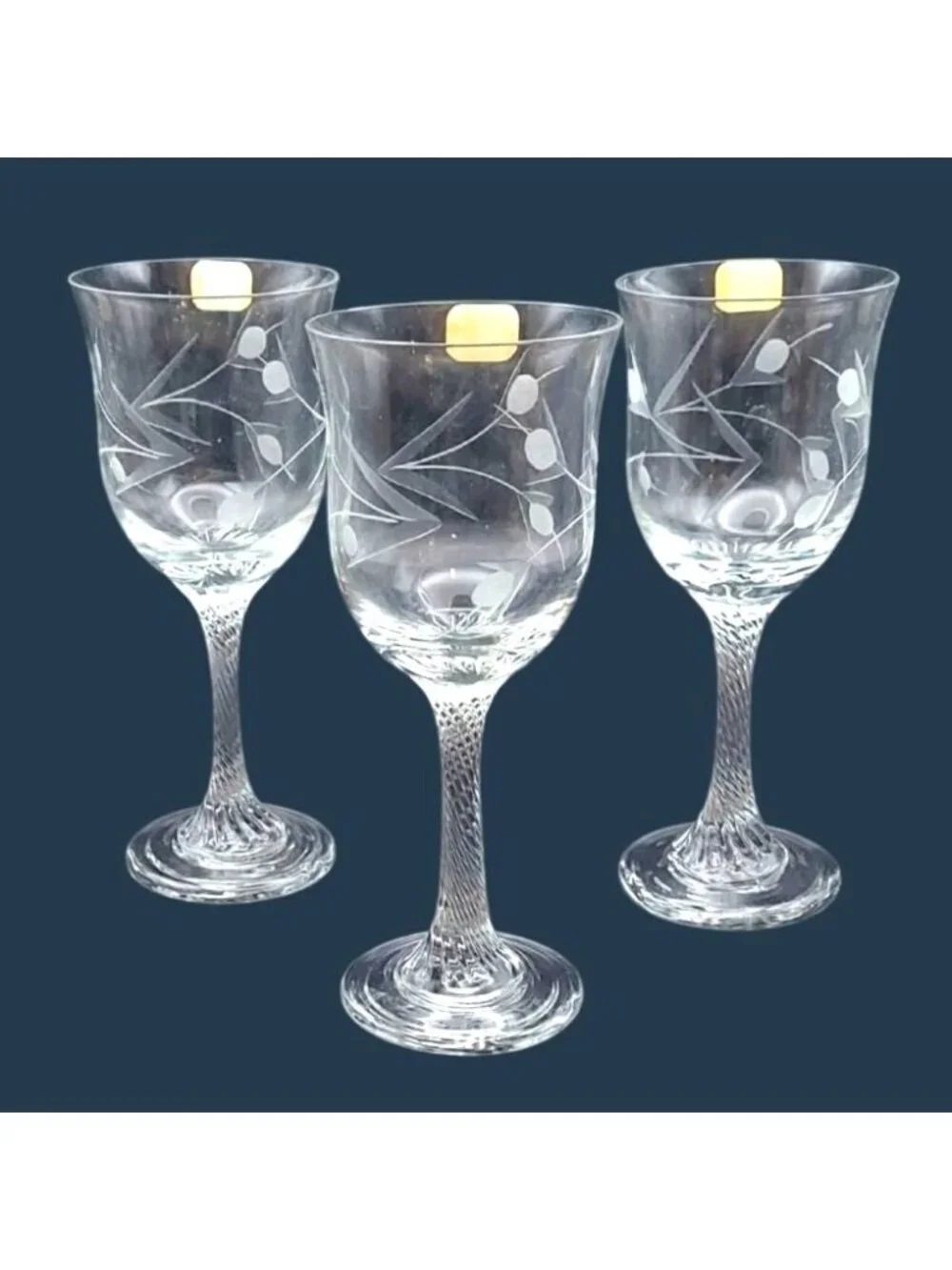 Hand Cut Wine Glasses Twisted Stem Floral Dublin Ireland Eamon Glass Set Of 3